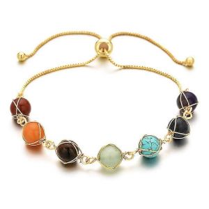 7 Chakra Pierres Bracelets Pour Les Femmes Filles R&eacute;glable 14k Fil D'or Envelopp&eacute; 8mm Naturel Rond Pierres Pr&eacute;cieuses Perles Reiki Gu&eacute;rison Cristal Extensible Cheville Brac - Neuf