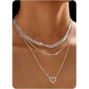 Kal-3pcs Collier Femme Acier Inoxydable Collier Coeur Chaine Argent Femme Plaqué Or 14k Collier Réglable Cz Coeur Pendentif Kette Bijoux - Avec Boîte À Bijoux - Neuf