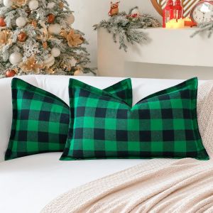 Cauc-Lot De 2 Housses De Coussin Lombaire D&eacute;coratives De No&euml;l En Lin Avec Bords Cousus Pour Canap&eacute;, Lit, Salon, 30 X 50 Cm (Vert Et Bleu) - Neuf