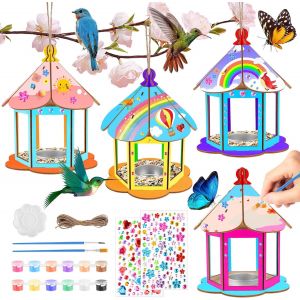 KALANKA-4 Pièces Maison D'oiseau Bricolage pour Enfants, Kit Maison d'Oiseau en Bois, Construire Maison Oiseau en Bois avec Peintures et Pinceaux, Maison D'oiseau Peindre Jouet Kitpour Filles Garçons - Neuf