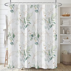 Rideau de douche à feuilles d'eucalyptus, 120 x 180 cm, rideau de douche botanique à feuilles vertes, rideau de bain en polyester imperméable et anti-moisissure - Neuf