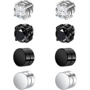 Chenquansarl-Lot De 4 Paires De Boucles D'oreilles Magn&eacute;tiques Pour Homme, Boucles D'oreilles Magn&eacute;tiques Rondes En Oxyde De Zirconium, Clous D'oreilles En Acier Inoxydable, Fausses Boucles D'oreille - Neuf