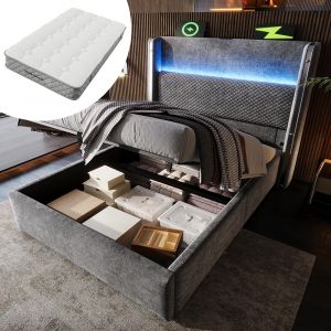 Lit hydraulique simple 90x200cm LED/USB-C - lin gris (avec matelas) - Neuf