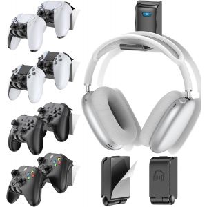 Support de Manette et Casque, Support Universel Murale pour Manettes Xbox/PS5/PS4/Nintendo Switch, Organisateur de 8 Accessoires Gaming avec Porte-Casque Pliable, Noir, 4 Paquets - Neuf