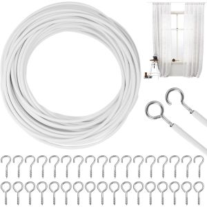 10m Cable Rideau,Cable Pour Rideaux,Blanc Fil De Rideau Avec 25 Pièces Boulons À Oeil 25 Pièces Crochets À Visser,Cable Rideau Tringle Rideau Souple,Pour Suspendre Des Rideaux,Rideaux De Douche - Neuf