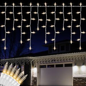 Kal-138 Led Lampe À Glaçons 8 Modes De Contrôle Rideau Court, 6m Icicle Lights Chaîne De Fée Imperméable À L'eau Pour Intérieur Et Extérieur, Vacances, Fête, Décoration De Fenêtre(Warm'white, 138 Led - Neuf