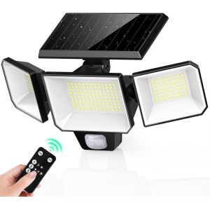 Lampe Solaire Exterieur Detecteur De Mouvement, 229 Leds Lumiere Solaire Exterieur Avec Télécommande, Tête Pivotante Eclairage Angle 270°, 3 Modes Ip65 Étanche Projecteur Solaire Pour Jardin - Neuf