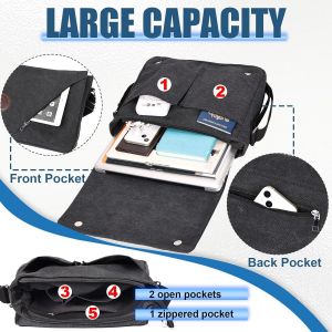 TIANYI-Sac à bandoulière noir pour homme et femme - Pour ordinateur portable de 14 pouces - Petite toile vintage rétro avec compartiment pour téléphone portable - Pour le travail, les loisirs - Neuf