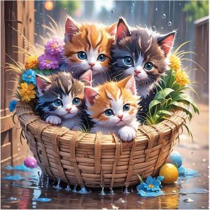 Oayew-Diamond Painting Chat 30 X 30 Cm Dans Panier De Fleurs - Images D'animaux - Art Broderie Point De Croix - Neuf
