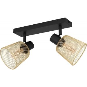 Rail Spot Coslada,Rampe De 2 Spots Orientables,Barre De Spots Pivotants Au Style Industriel,Plafonnier Grillage En M&eacute;tal Noir Et Laiton Bross&eacute;,Lampe De Plafond Avec Douille E27 - Neuf