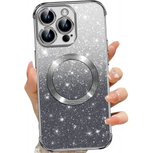 SJZG-Coque Magn&eacute;tique Pour Iphone 15 Pro Max, Etui &Agrave; Paillettes Compatible Avec Magsafe, Antichoc Charge Sans Fil Housse Pour Iphone 15 Pro Max, Avec 2 Verre Tremp&eacute;, Noir - Neuf