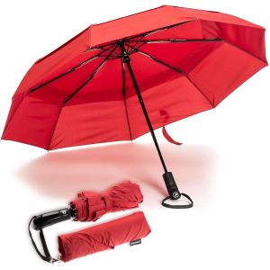 Parapluie De Voyage Coupe-Vent &Agrave; Double Toile - Rev&ecirc;tement En T&eacute;flon, Poign&eacute;e Ergonomique Et Housse De Protection - Design Compact, Pliable, L&eacute;ger Et Haute R&eacute;sistance Au Vent (Vert For&ecirc;t) - Neuf