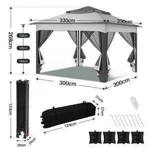 Tonnelle Pliante De Jardin 3,3 &times; 3,3 M Avec Moustiquaire Et Double Toit Ventil&eacute; &iquest; Gris - Neuf