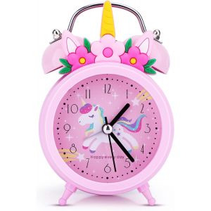 KAL-Réveil Licorne Pour Filles, Réveil Sans Tic-Tac Pour Enfants Filles, Réveil Silencieux Rose De Chevet, Horloge Classique À Double Cloche Avec Rétroéclairage, Convient Pour Les Cadeaux Scolaires - Neuf
