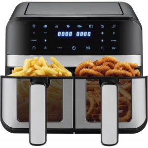 Friteuse À Air Double Zone, 9L Grande Capacité Avec Fenêtre De Visualisation, Écran Tactile, Fonctions De Cuisson Multiples, Minuterie Intelligente, Cuisson Saine Sans Huile Et Faible En Gras Noir - Neuf