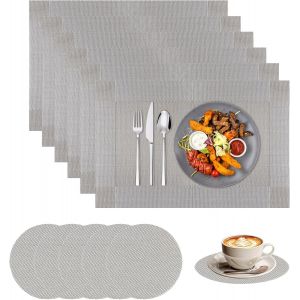 Eryi-Lot De 6 Sets De Table Et Dessous De Verre Lavables Set De Table Pvc Antidérapant, Résistants À La Chaleur, Facile À Nettoyer Et Stocker Pour Cuisine Table À Manger, 45x30cm (Gris Argenté) - Neuf