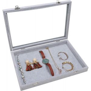 Trahoo-Boite Boucles D¿Oreilles Et Bijoux En Velours Gris - Plateaux À Bijoux Avec Couvercle En Verre Verrouillable Et Empilable Pour Boucles D¿Oreilles, Bagues, Colliers Et Bracelets - Neuf