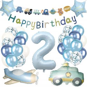 MEVRONISSHOP-D&eacute;coration d'anniversaire 2 ans gar&ccedil;on 31 pi&egrave;ces, avion ballons 2e anniversaire voiture, 2 ans d&eacute;coration d'anniversaire bleu pastel, ballon voiture 2 ans, d&eacute;coration 2e anniversaire gar - Neuf