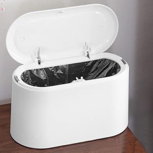 Blanc , Petite Poubelle de Table avec Couvercle à Bouton-Poussoir Poubelle de Bureau Blanche Mini Poubelle de Table Plastique Poubelle de Table Cuisine Portable pour Coiffeuse, Chambre, Comptoir - Neuf