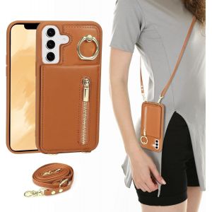 Maa-Coque Pour Samsung Galaxy S25+/S25 Plus Coque Etui Avec Sangle Réglable Portefeuille En Cuir Anti-Rfid Pochette Magnétique Flip Case Étui Cover Housse Protection Avec Anneau-Marron - Neuf