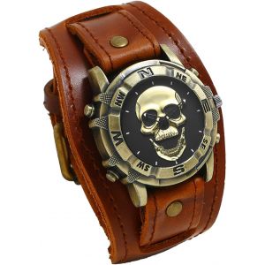 Montre Homme Cuir Cr&acirc;ne: Montre Homme Bracelet Cuir Large Avec Cadran T&ecirc;te De Mort Bronze Vintage Gothique Punk Biker Montre Poignet De Force Manchette Analogique Quartz-Cadeau Halloween - Neuf