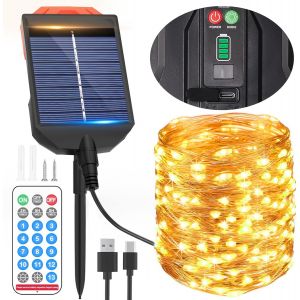 KALANKA-Guirlande lumineuse solaire d'ext&eacute;rieur avec port Type-C, 30 m, 300 LED en fil de cuivre, 13 modes et t&eacute;l&eacute;commande, &eacute;tanche IP65, id&eacute;ale pour toutes les occasions - Neuf