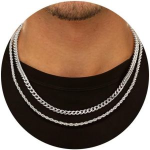 Trahoo-Lot De 2 Chaînes En Argent Pour Homme, Mailles Cubaines En Acier Inoxydable, Chaîne Figaro Et Collier Corde. Chaînes En Argent Et Or Pour Homme - Neuf