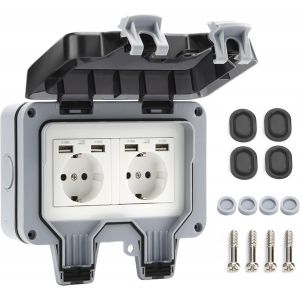 Prise ext&eacute;rieure avec ports USB - Prise de jardin - Montage en saillie - &Eacute;tanche IP66 - Contact de protection avec clapet - Neuf