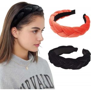 Kal-2 Serre Tete Femme, Bandeaux Rembourrés En Velours Pour Femme, Serre Tête En Velours Tressé, Large Bandeau Tressé, Bandeau Vintage, Accessoire De Cheveux Pour Femmes Et Filles (Noir, Orange) - Neuf