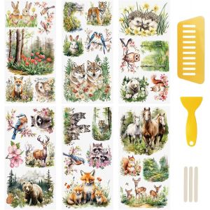 Lot De 6 Autocollants De Transfert À Frotter, Motif Animaux Du Printemps, Paysage De Forêt Et De Lac, Renard, Lapin, Animaux Pour Meubles, Scrapbooking, Fenêtre, 15 X 30 Cm - Neuf