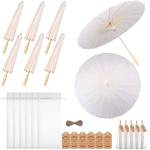 60cm Wedding Paper Parasol Umbrellas Set Thank You Cards White Drawstring Bag Favors Chinese Japanese Umbrella Diy Oiled Paper Painting Parasol For Photography Props Bridal Decor - Neuf