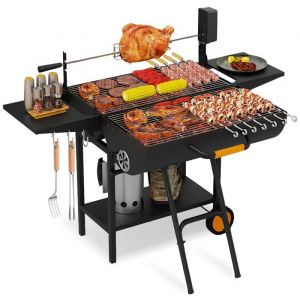 Barbecue Portable &agrave; Charbon de Bois avec Couvercle, 3 en 1 Chariot &agrave; Barbecue avec Grille &agrave; Poulet, pour Camping, Jardin, Balcon - Neuf