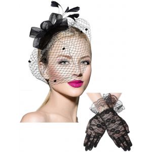 Bowknot,Fascinat,Chapeau Plumes,Voile,Maille,Bandeau Et Gants Courts En Dentelle,Gants En Dentelle Florale - Neuf