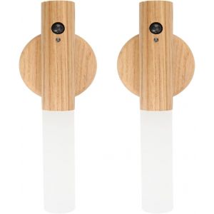 Applique Murale En Bois, Veilleuse D'int&eacute;rieur Avec D&eacute;tecteur De Mouvement, Batterie Magn&eacute;tique Rechargeable Sans Fil Avec Interrupteur Pour Chambre, Couloir, Escalier (Fr&ecirc;ne - 2pc) - Neuf