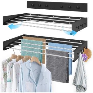 KGABERY-Séchoir À Linge Mural De 80 Cm-Extensible-Peu Encombrant-Avec 6 Crochets Pour Serviettes-Pour L'Intérieur Ou L'Extérieur-Balcon-Terrasse-Noir - Neuf