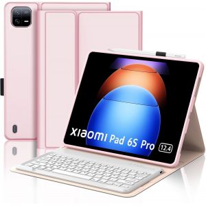 KAL-Coque Clavier Pour Xiaomi Pad 6S Pro 12.4'' 2024 -Azerty Français Clavier Avec Fente Pour Stylo, Détachable Sans Fil Bluetooth Pour Xiaomi Pad 6S Pro 12.4'', Rose Clair - Neuf