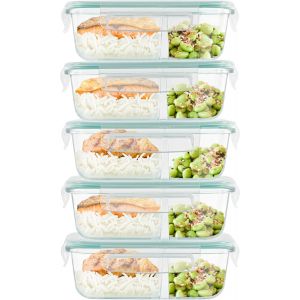 MEVRONISSHOP-Boites Alimentaires Herm&eacute;tiques en Verre &agrave; 2 Compartiments (Lot de 5) - Meal Prep Verre Sans BPA, &Eacute;tanches & Herm&eacute;tiques - Adapt&eacute;es au Micro-ondes, Cong&eacute;lateur & Lave-vaisselle - Neuf