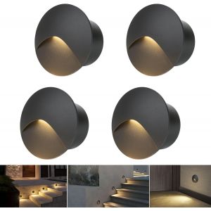 Subzonal-Applique Murale 4 Led Blanc Chaud 3000k Aluminium Lumi&egrave;re D'escalier 230v Rond Spot Encastr&eacute; 3w Ip44 Etanche Int&eacute;rieur Ext&eacute;rieur Noir Lumi&egrave;re De Marche, Avec Bo&icirc;te D'encastrement - Neuf