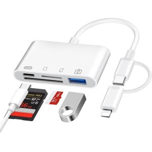 KALANKA-4 en 1 Lecteur Carte SD pour iPhone iPad, USB C Lightning Adaptateur Carte SD avec SD/TF/USB OTG/Chargement Slot, Lecteurs de Carte M&eacute;moire Externes pour iPhone16 15/Mac/Android/Cam&eacute;ra - Neuf