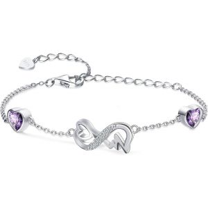 Eryi-Bracelet Infini Coeur Argent Sterling 925 Bracelet Femme Avec 2 Coeurs Pierres De Naissance Réglables Infinity Heart Ecg Bracelets, Belle Bijoux Cadeau D'anniversaire Pour Fille Maman - Neuf