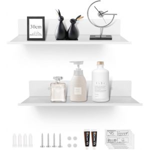 CAUC-2Pcs Etag&egrave;res Murales 30cm M&eacute;tal Etagere Murale Salle de Bain Etag&egrave;re Douche sans Percage Blanc &Eacute;tag&egrave;res Suspendues Tablette Murale Etagere Epices Murale &Eacute;tag&egrave;res Flottantes pour Salon Cuisine - Neuf