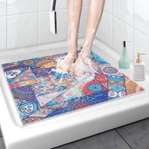 Tianyi-Tapis De Douche Antidérapant, 60 X 60 Cm Tapis De Bain Carré En Luffa Avec Drain, Tapis De Salle De Bain À Sol Mouillé, Tapis De Douche En Pvc, Séchage Rapide - Neuf