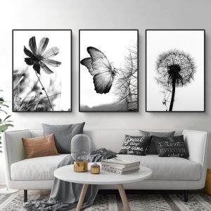Eryi-Lot De 3 Posters Esthétiques Noirs Et Blancs, Papillons, Fleurs, Pissenlit, Tableaux Muraux Modernes, Pour Salon, Chambre À Coucher, Décoration Murale, Sans Cadre - Neuf