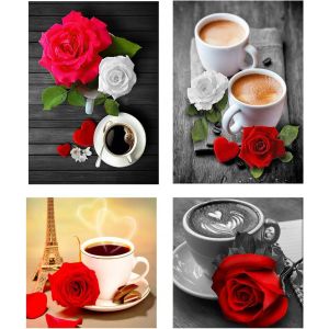 4 Pack Peinture Diamant Thème Café 30x40 Cm-Tasse À Café,Cuisine,Rose Rouge-Broderie Diamant Fleur Et Rose - Neuf