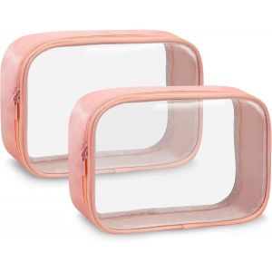 MAA-Sac de Maquillage Trousse de Toilette Transparente Étanche Multifonction Kit de Voyage Confomre à la TSA en Avion - Taille S & 2Pcs Rose Orangé - Neuf