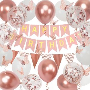 Lot De 18 D&eacute;corations D'anniversaire En Or Rose De 30,5 Cm Avec Autocollants Papillon Et Ballons Pour Filles Et Femmes - Neuf