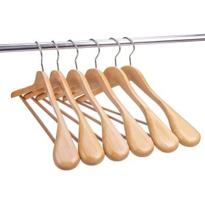 Jexnovashop-Lot De 10 Cintres De Luxe En Bois Massif Naturel 44.5cm, De &Eacute;paules Larges, Pour Manteau Costume Veste, Avec Barre Ronde Antid&eacute;rapante - Neuf
