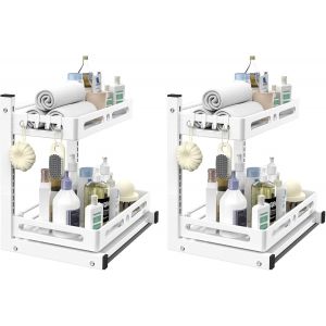 Rangement Sous &Eacute;vier En M&eacute;tal,Organisateur Sous Evier Tiroir Coulissant &Agrave; Extraction 2 &Eacute;tages Forme En L,Multifonctionnelle Pour Cuisine,40X28X42Cm,Blanc,Paquet De 2 - Neuf