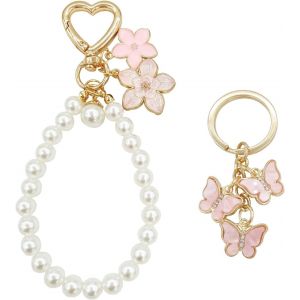 KAL-Porte Clef Femme, 2Pcs Femmes Porte Clé Mignon Avec Papillon Accessoires De Voiture Pendentif De Sac Rose - Neuf