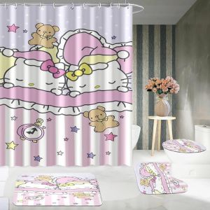1/4 Hello Kitty Dessin Anim&eacute; Mignon Rideau De Douche Ensemble De Salle De Bain,Tapis De Sol Antid&eacute;rapant,Tapis De Sol En Forme De U,Si&egrave;ge De Toilette,Accessoires De Salle De Bain.15. 90x 180 Set - Neuf